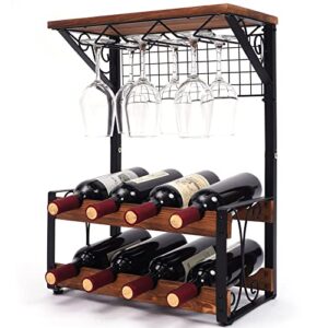 X-cosrack 2 Tier Solid Wood Wine Rack, Hold 8 Wine Bottles and 6 Glasses Countertop Wine Storage Stand, Freestanding Wine Holder Display Shelves for Kitchen, Pantry, Cellar, Bar