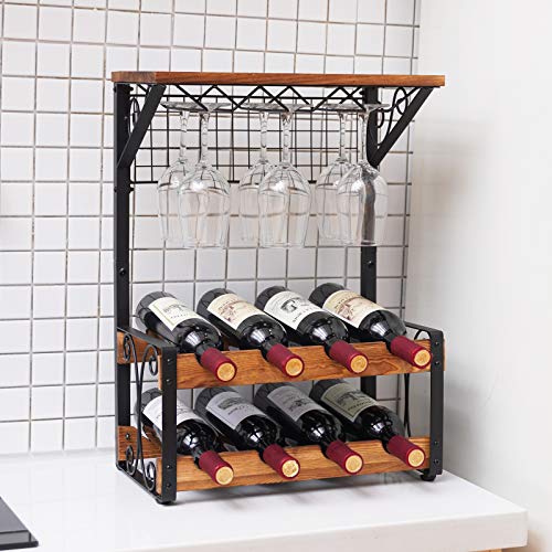 X-cosrack 2 Tier Solid Wood Wine Rack, Hold 8 Wine Bottles and 6 Glasses Countertop Wine Storage Stand, Freestanding Wine Holder Display Shelves for Kitchen, Pantry, Cellar, Bar