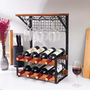 X-cosrack 2 Tier Solid Wood Wine Rack, Hold 8 Wine Bottles and 6 Glasses Countertop Wine Storage Stand, Freestanding Wine Holder Display Shelves for Kitchen, Pantry, Cellar, Bar