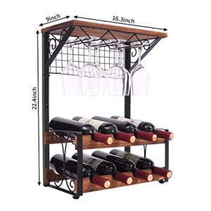 X-cosrack 2 Tier Solid Wood Wine Rack, Hold 8 Wine Bottles and 6 Glasses Countertop Wine Storage Stand, Freestanding Wine Holder Display Shelves for Kitchen, Pantry, Cellar, Bar