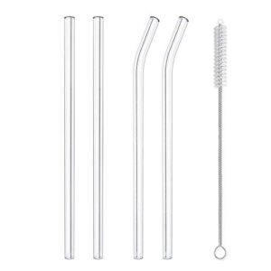 hiware reusable glass straws set, 4-piece drinking staws with cleaning brush, 10″ x 10 mm, dishwasher safe