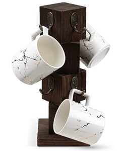 puersi coffee mug holder for counter, rustic solid wood mug tree, farmhouse wooden coffee cup rack, distressed mug stand with 8 hooks (rustic brown)