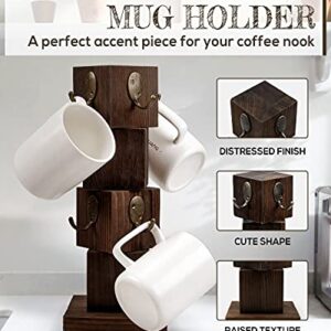 PUERSI Coffee Mug Holder for Counter, Rustic Solid Wood Mug Tree, Farmhouse Wooden Coffee Cup Rack, Distressed Mug Stand with 8 Hooks (Rustic Brown)