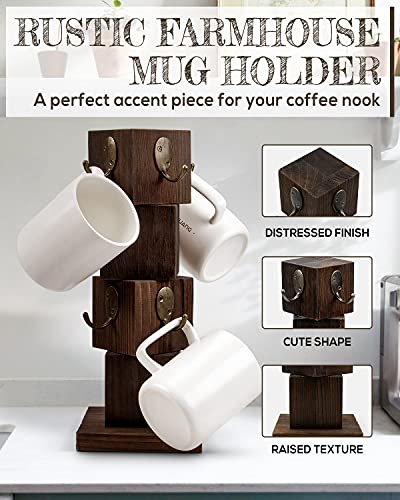 PUERSI Coffee Mug Holder for Counter, Rustic Solid Wood Mug Tree, Farmhouse Wooden Coffee Cup Rack, Distressed Mug Stand with 8 Hooks (Rustic Brown)