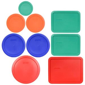 pyrex bundle – 9 items: (1) 7402-pc 6/7 cup red (2) 7201-pc 4 cup cadet blue (2) 7200-pc 2 cup orange (1) 7202-pc 1 cup green (2) 7210-pc 3 cup light green (1) 7211-pc 6 cup red food storage lids