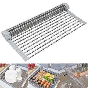 antspertor large roll up dish drying rack, over the sink multipurpose roll-up dish racks, 20.5″ l x 16″ w（gray） rolling stainless steel dish drainer portable foldable for kitchen counter