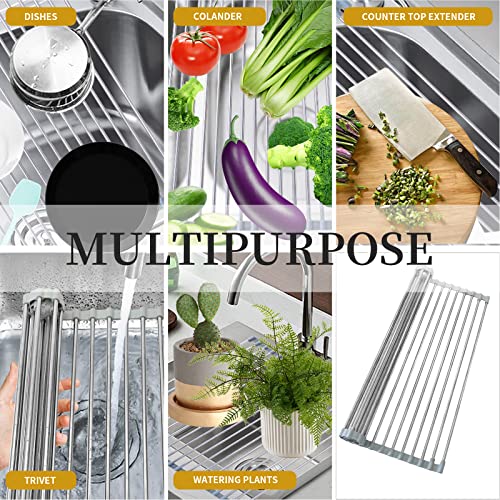 Antspertor Large Roll Up Dish Drying Rack, Over The Sink Multipurpose Roll-Up Dish Racks, 20.5" L x 16" W（Gray） Rolling Stainless Steel Dish Drainer Portable Foldable for Kitchen Counter