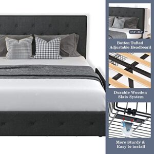 Allewie Upholstered Queen Size Platform Bed Frame with 4 Storage Drawers and Headboard, Diamond Stitched Button Tufted Mattress Foundation with Wooden Slats Support, No Box Spring Needed, Dark Grey