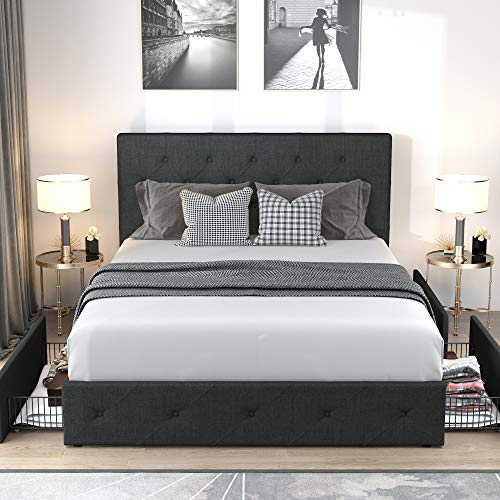 Allewie Upholstered Queen Size Platform Bed Frame with 4 Storage Drawers and Headboard, Diamond Stitched Button Tufted Mattress Foundation with Wooden Slats Support, No Box Spring Needed, Dark Grey