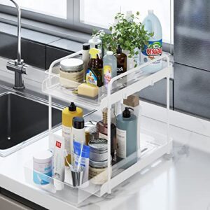 Alwytlon Pull Out Under Sink Organizer, Sliding Cabinet Basket Organizer, 2 Tier Clear Under Bathroom Storage Rack with Hooks, Multi-purpose Storage Shelf for Bathroom Kitchen, transparent & White