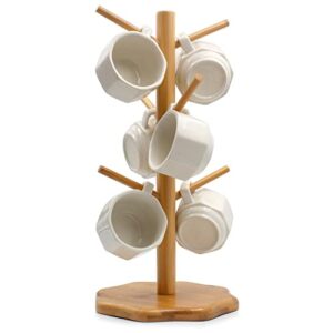 mug tree, coffee mug tree, bamboo countertop mug tree stand , coffee mug holder tree for counter stand with 6 hooks, octagon base coffee cup tree, removable mug stands