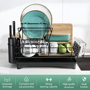 MAJALiS Dish Drying Rack Drainboard Set, 2 Tier Stainless Steel Large Dish Racks with Drainage, Wine Glass Holder, Utensil Holder and Extra Drying Mat, Dish Drainers for Kitchen Counter (Black)