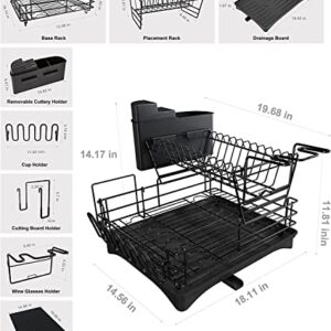 MAJALiS Dish Drying Rack Drainboard Set, 2 Tier Stainless Steel Large Dish Racks with Drainage, Wine Glass Holder, Utensil Holder and Extra Drying Mat, Dish Drainers for Kitchen Counter (Black)