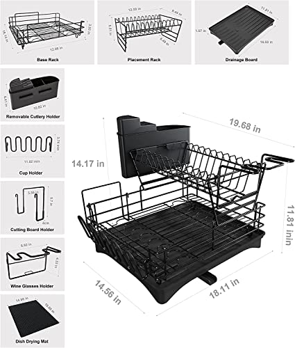 MAJALiS Dish Drying Rack Drainboard Set, 2 Tier Stainless Steel Large Dish Racks with Drainage, Wine Glass Holder, Utensil Holder and Extra Drying Mat, Dish Drainers for Kitchen Counter (Black)
