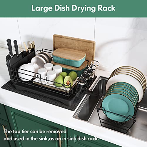 MAJALiS Dish Drying Rack Drainboard Set, 2 Tier Stainless Steel Large Dish Racks with Drainage, Wine Glass Holder, Utensil Holder and Extra Drying Mat, Dish Drainers for Kitchen Counter (Black)