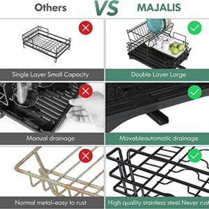 MAJALiS Dish Drying Rack Drainboard Set, 2 Tier Stainless Steel Large Dish Racks with Drainage, Wine Glass Holder, Utensil Holder and Extra Drying Mat, Dish Drainers for Kitchen Counter (Black)