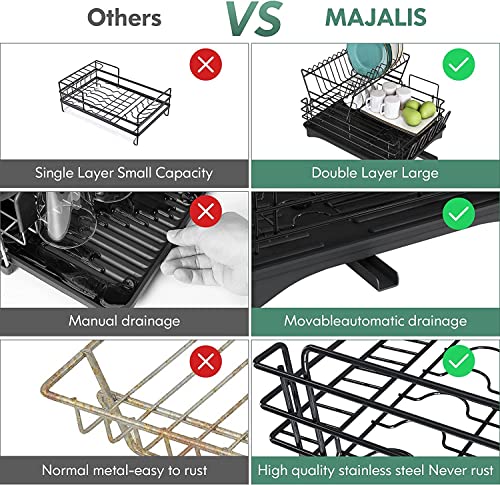 MAJALiS Dish Drying Rack Drainboard Set, 2 Tier Stainless Steel Large Dish Racks with Drainage, Wine Glass Holder, Utensil Holder and Extra Drying Mat, Dish Drainers for Kitchen Counter (Black)