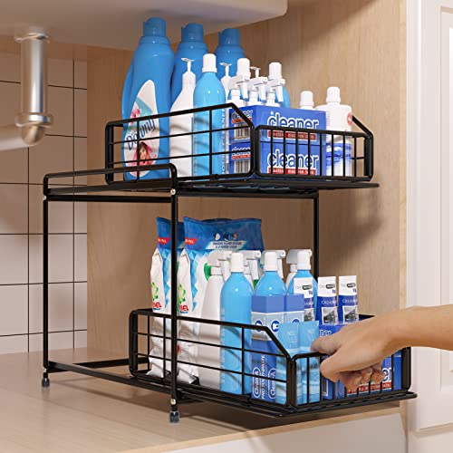 NUTSAAKK Under Sink Organizers and Storage, Kitchen Cabinet Organizer with Sliding Drawer, Upgraded Bathroom Organizer Under Sink, 2 Tier kitchen sink organizer, for Cabinets, Bathroom, Kitchen, Black