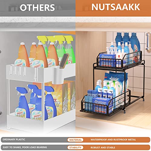 NUTSAAKK Under Sink Organizers and Storage, Kitchen Cabinet Organizer with Sliding Drawer, Upgraded Bathroom Organizer Under Sink, 2 Tier kitchen sink organizer, for Cabinets, Bathroom, Kitchen, Black