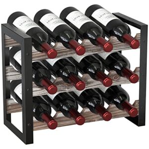 jackcube design wine rack freestanding floor 3 tier stackable 12 wine bottle holder storage racks countertop, liquor shelf stand (rustic wood and black metal frame)- mk521a