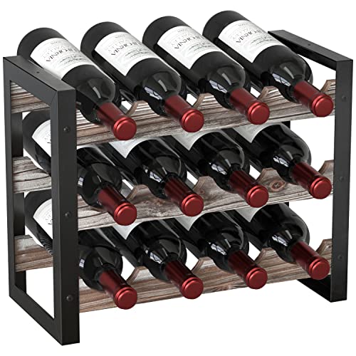 JACKCUBE Design Wine Rack Freestanding Floor 3 Tier Stackable 12 Wine Bottle Holder Storage Racks Countertop, Liquor Shelf Stand (Rustic Wood and Black Metal Frame)- MK521A