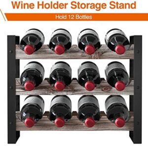 JACKCUBE Design Wine Rack Freestanding Floor 3 Tier Stackable 12 Wine Bottle Holder Storage Racks Countertop, Liquor Shelf Stand (Rustic Wood and Black Metal Frame)- MK521A