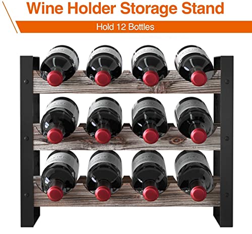 JACKCUBE Design Wine Rack Freestanding Floor 3 Tier Stackable 12 Wine Bottle Holder Storage Racks Countertop, Liquor Shelf Stand (Rustic Wood and Black Metal Frame)- MK521A