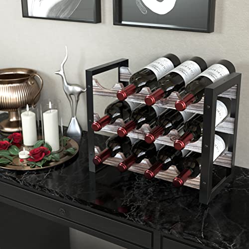 JACKCUBE Design Wine Rack Freestanding Floor 3 Tier Stackable 12 Wine Bottle Holder Storage Racks Countertop, Liquor Shelf Stand (Rustic Wood and Black Metal Frame)- MK521A
