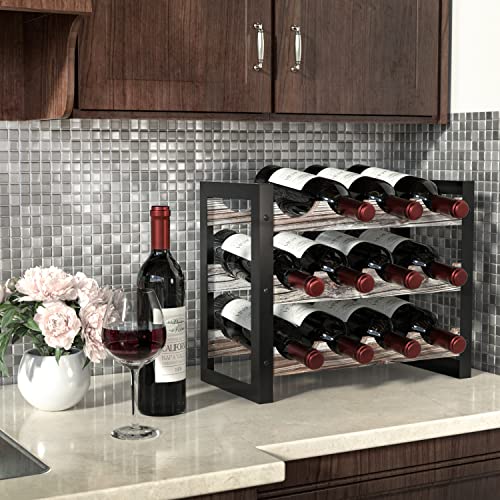 JACKCUBE Design Wine Rack Freestanding Floor 3 Tier Stackable 12 Wine Bottle Holder Storage Racks Countertop, Liquor Shelf Stand (Rustic Wood and Black Metal Frame)- MK521A