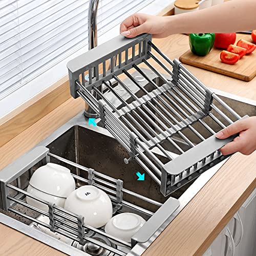 PEAKXCAN Retractable Stainless Steel Kitchen Draining Rack, Sink Draining Basket, Fruit and Dish Rack, Dish Washing Basket, Draining Bowl Rack, Shelf