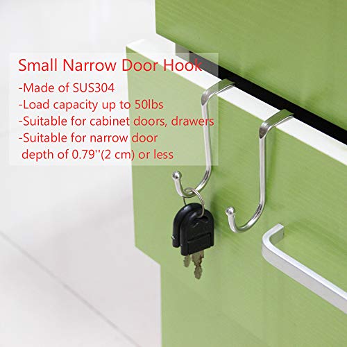 Poeland 1kuan Over Cabinet Drawer Double Hooks 304 Stainless Steel Multiple Use Narrow Door Hook for Kitchen, Bathroom, Drawer, Wardrobe Door, Cabinet Door to Hang Bags, Towels, Coat More Pack of 4