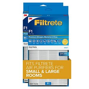 filtrete f1 room air purifier filter, true hepa premium allergen, bacteria, & virus, 12 in. x 6.75 in., 2-pack, works with devices: fap-c01ba-g1, fap-t02wa-g1 and fap-st02n