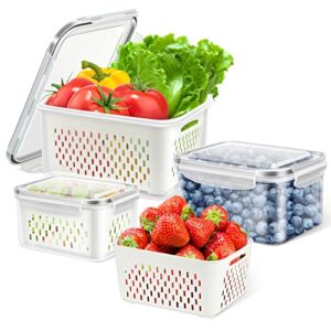 tbmax fruit storage containers for fridge – 3 pack large produce saver containers fridge organizers with airtight lid & colander, vegetable storage lettuce keepers berry containers for refrigerator