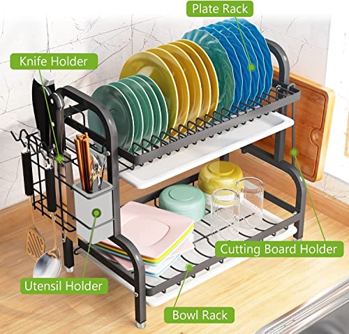 Dish Drying Rack (16.7"), Kitchen Organization Storage Shelf Stainless Steel Dish Drainer Rust-poof Dish Racks for Organizer Home Kitchen Counter with Drainboard, Utensil Holder, Cutting Board Holder