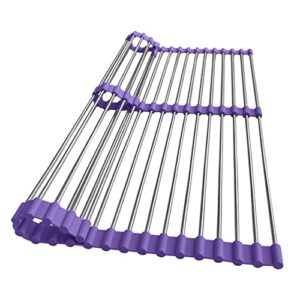 total rack multipurpose over-sink dish-drying rack, cooling, crisping, roasting & serving, trivet, nonslip silicone grips, expandable 14″ to 21″ stainless-steel roll out rack – purple
