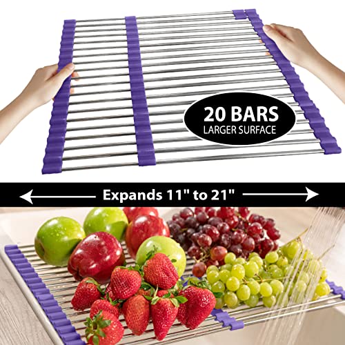 Total Rack Multipurpose Over-Sink Dish-Drying Rack, Cooling, Crisping, Roasting & Serving, Trivet, Nonslip Silicone Grips, Expandable 14" to 21" Stainless-Steel Roll Out Rack - Purple