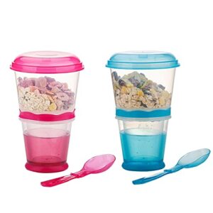 cereal to go, cereal container, cereal on the go go cereal box storage container cups milk yogurt keeper holder with spoon (red+blue)