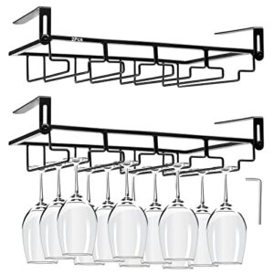 2pcs adjustable wine glass rack under cabinet, punch-free 4 rows stemware wine glass metal holder, hanging wine glasses storage hanger organizer for shelf kitchen bar decor(4 rows, black)