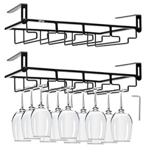 2Pcs Adjustable Wine Glass Rack Under Cabinet, Punch-Free 4 Rows Stemware Wine Glass Metal Holder, Hanging Wine Glasses Storage Hanger Organizer for Shelf Kitchen Bar Decor(4 Rows, Black)