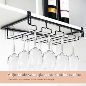 2Pcs Adjustable Wine Glass Rack Under Cabinet, Punch-Free 4 Rows Stemware Wine Glass Metal Holder, Hanging Wine Glasses Storage Hanger Organizer for Shelf Kitchen Bar Decor(4 Rows, Black)
