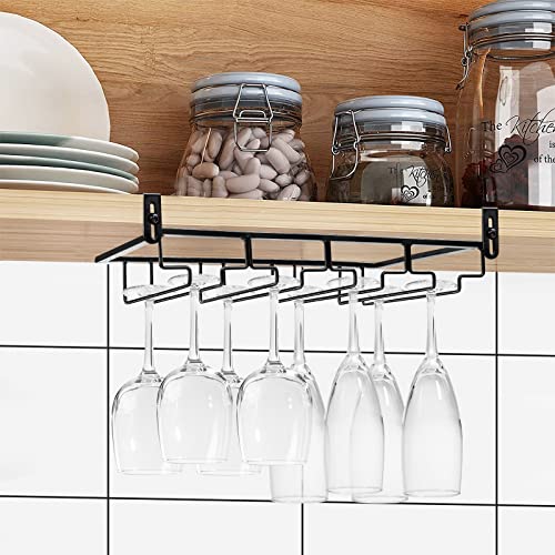 2Pcs Adjustable Wine Glass Rack Under Cabinet, Punch-Free 4 Rows Stemware Wine Glass Metal Holder, Hanging Wine Glasses Storage Hanger Organizer for Shelf Kitchen Bar Decor(4 Rows, Black)