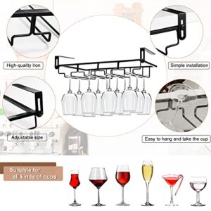 2Pcs Adjustable Wine Glass Rack Under Cabinet, Punch-Free 4 Rows Stemware Wine Glass Metal Holder, Hanging Wine Glasses Storage Hanger Organizer for Shelf Kitchen Bar Decor(4 Rows, Black)