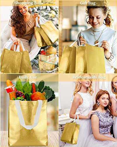 80 Pieces Gift Bags Set Glossy Reusable Tote Bags with Handles Grocery Bags for Wedding, Bachelorette Party, Christmas(Gold)