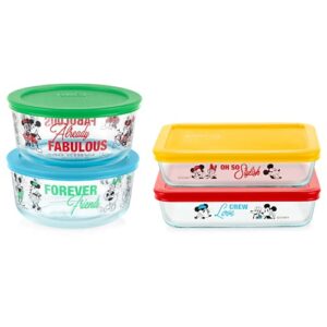 pyrex 8-pc glass food storage container set, 4-cup & 3-cup decorated round meal and rectangle prep containers, non-toxic, bpa-free lids, disney mickey & friends