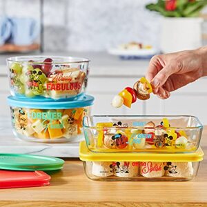 Pyrex 8-Pc Glass Food Storage Container Set, 4-Cup & 3-Cup Decorated Round Meal and Rectangle Prep Containers, Non-Toxic, BPA-Free Lids, Disney Mickey & Friends