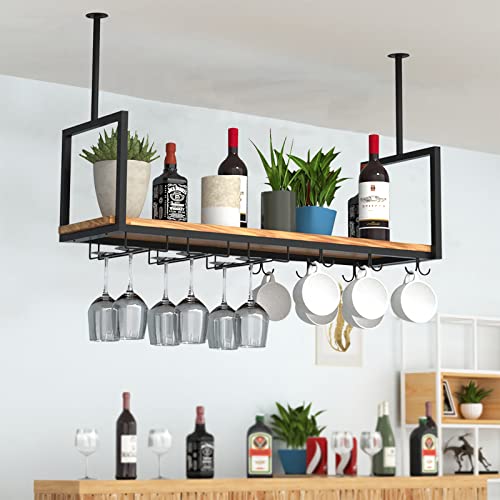 SPTZQURY Ceiling Wine Glass Rack - 47.2 inch Metal Wine Rack with 2 Kinds Glass Holder, Hanging Stemware Goblet Wine Glass Holder Perfect for Bar Cafe Kitchen Restaurant, Display Stand Black