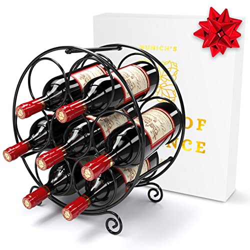 Elegant Metal Wine Rack - fits All Bottle Sizes, 7 Bottles Storage Holder, Black Countertop Stand, Decor for Kitchen Table, Cabinet or Storage Counter, Display on Bar, Glass and Wood Racks, Great Gift