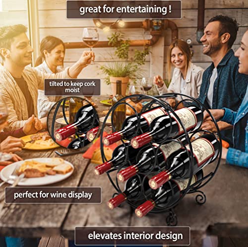 Elegant Metal Wine Rack - fits All Bottle Sizes, 7 Bottles Storage Holder, Black Countertop Stand, Decor for Kitchen Table, Cabinet or Storage Counter, Display on Bar, Glass and Wood Racks, Great Gift