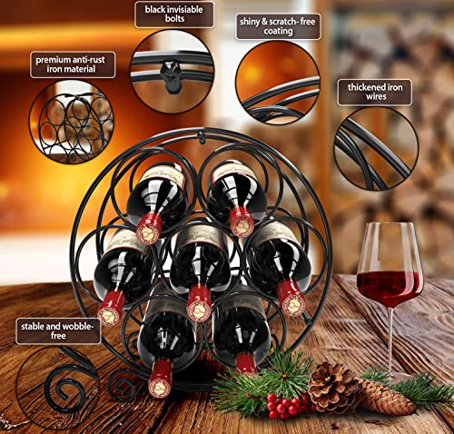 Elegant Metal Wine Rack - fits All Bottle Sizes, 7 Bottles Storage Holder, Black Countertop Stand, Decor for Kitchen Table, Cabinet or Storage Counter, Display on Bar, Glass and Wood Racks, Great Gift