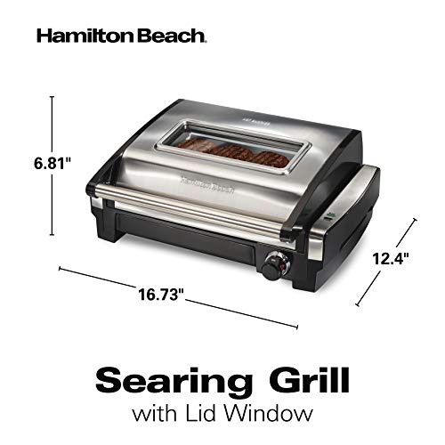 Hamilton Beach Electric Indoor Searing Grill with Adjustable Temperature Control to 450F, 118 sq. in. Surface Serves 6, Removable Nonstick Grate, Viewing Window, Stainless Steel
